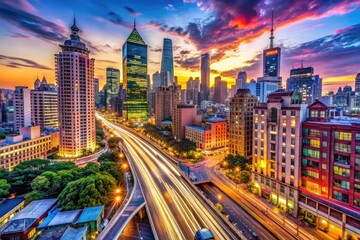 Fototapeta premium Vibrant Cityscape: Rich, saturated colors, sharp focus, busy streets, urban architecture