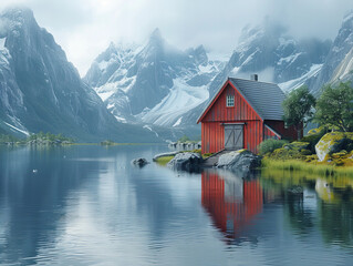 Fototapeta premium Sleek red lakeside house with serene water reflections surrounded by towering mountains under a cloudy sky showcasing tranquil harmony of nature and minimalist modern architecture