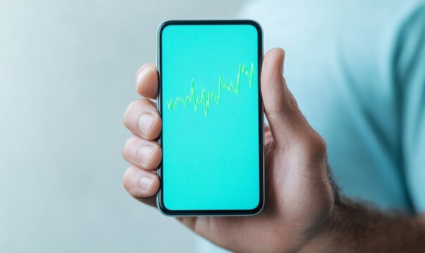 Male Adult Hand Holding Smartphone with Bullish Stock Market App Showing Green Upward Arrows, Morning Light, Optimistic Mood, Modern Financial Growth Concept