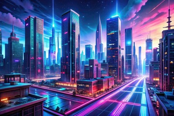Fototapeta premium Vibrant Cyberpunk Cityscape: neon-drenched metropolis, glowing skyscrapers, holographic interfaces