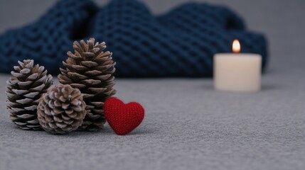 A cozy winter-themed setting featuring Christmas decorations, including red hearts, poinsettia flowers, and candles, complemented by a soft blue scarf ready for the holiday season
