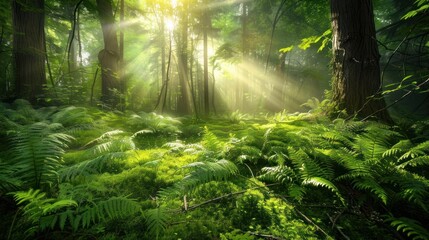 Obraz premium Sunbeams through Forest Canopy