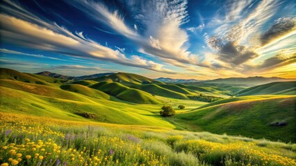 Obraz premium Vibrant green rolling hills stretch towards the horizon, dotted with wildflowers and wispy clouds, under a serene blue sky with warm golden light.