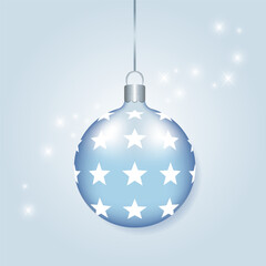 Blue christmas ball whith sparkles, glow. Vector winter illustration for celebration, invitation, greeting. Decoration.