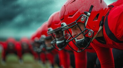 A football team's defensive line ready to charge at the snap, captured in an intense, low-angle shot, defensive stance, powerful and imposing