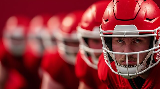 A football team's defensive line ready to charge at the snap, captured in an intense, low-angle shot, defensive stance, powerful and imposing