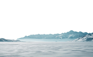 Vast empty snowy frozen winter landscape with mountain range in the distant horizon. Isolated transparent background PNG. Frozen river.