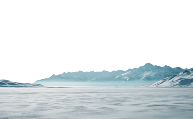 Vast empty snowy frozen winter landscape with mountain range in the distant horizon. Isolated transparent background PNG. Frozen river.