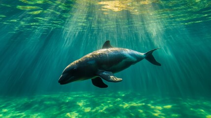 Obraz premium Vaquita Porpoise in Action, Delicate Search for Food in Serene Lagoon, Urgent Conservation Call, Ideal for Environmental Studies