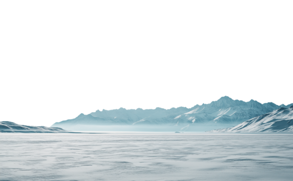 Vast empty snowy frozen winter landscape with mountain range in the distant horizon. Isolated transparent background PNG. Frozen river.
