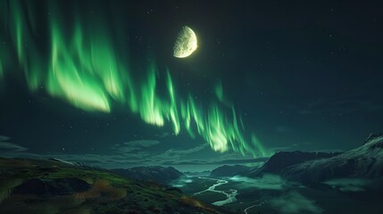 Naklejka premium Aurora Borealis Illuminating Norway's Mountains Landscape Background. Vibrant Green and Blue Northern Lights Over Starry Night Sky