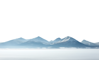 Vast empty snowy frozen winter landscape with mountain range in the distant horizon. Isolated transparent background PNG. Frozen lake. 