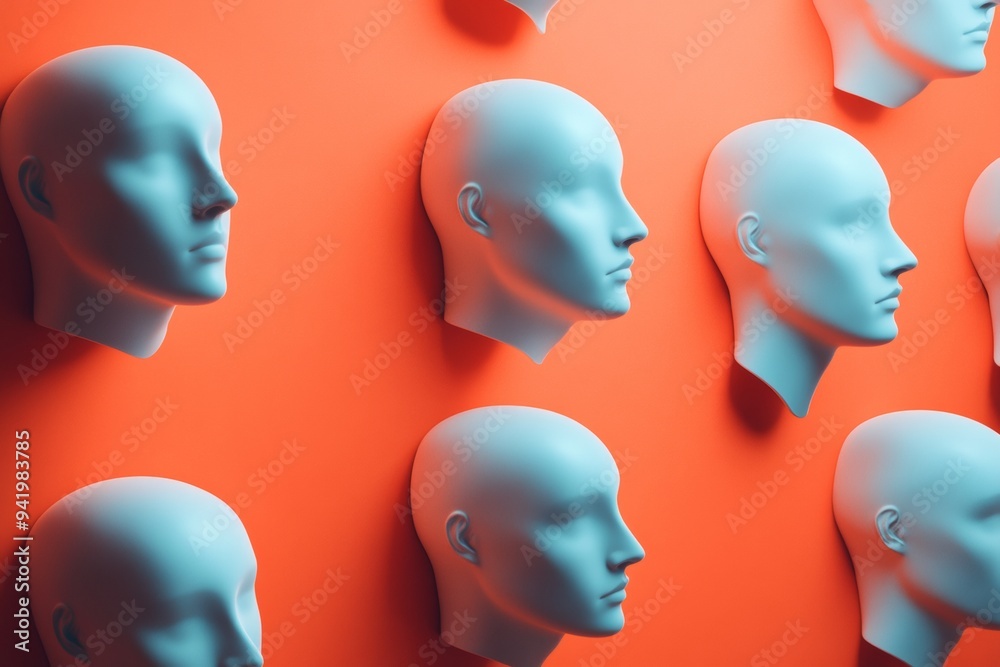 Poster monochromatic mannequin heads on dark red background surreal, bright, clean composition with repetit