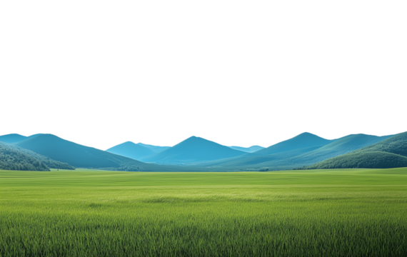 Vast empty summer spring landscape with mountain range in the distant horizon. Isolated transparent background PNG. Green meadows in the valley. 