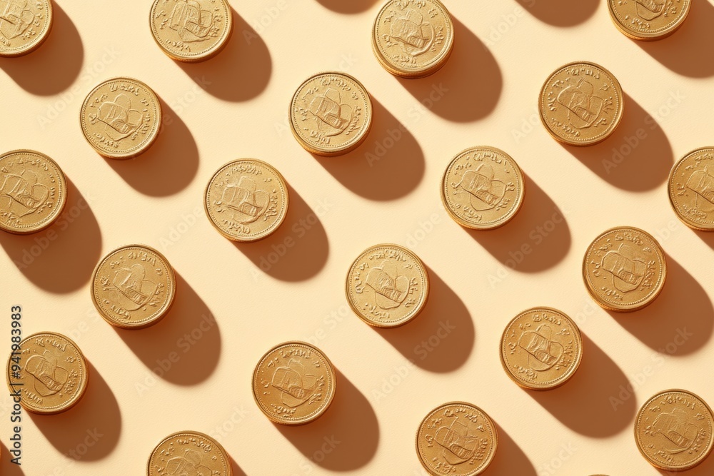Poster close-up of golden coins on beige background in bright daylight with shadows creating depth and a cr