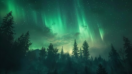 Fototapeta premium Aurora Borealis Illuminating Norway's Mountains Landscape Background. Vibrant Green and Blue Northern Lights Over Starry Night Sky