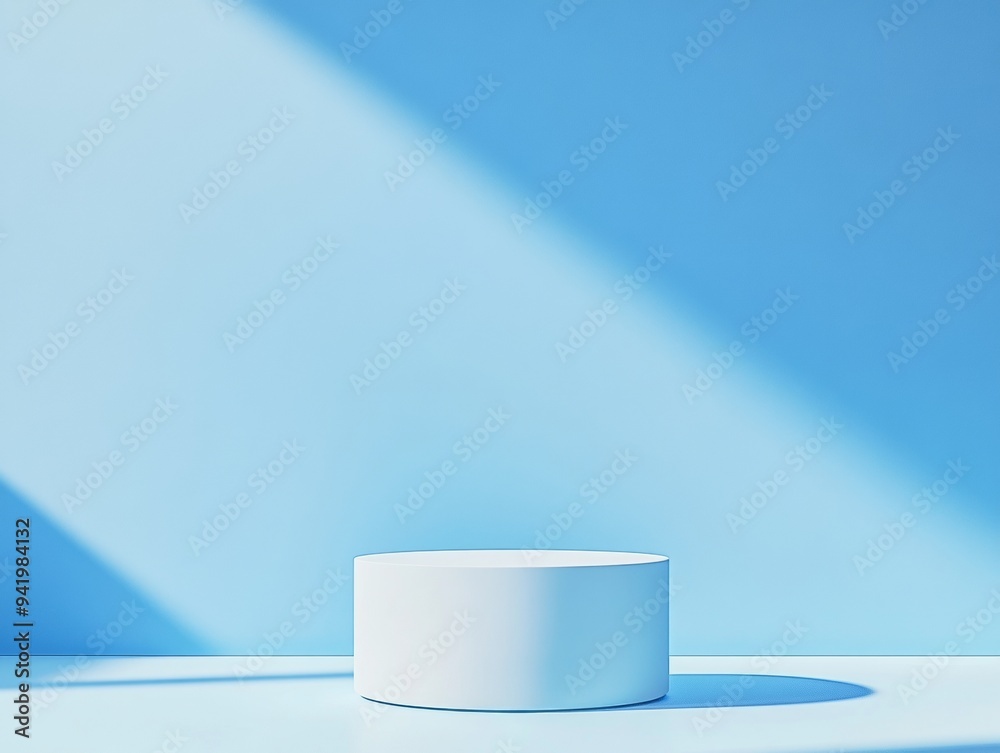 Poster minimalist light blue mockup cylindrical podium in monochromatic softly lit modern backdrop for prod
