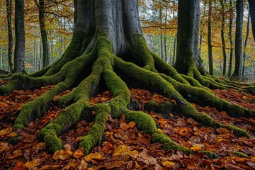 Obraz premium Moss-Covered Tree Roots in an Autumn Forest with Fallen Leaves 