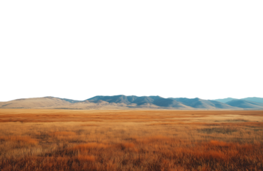 Vast autumn empty landscape with mountain range in the distant horizon. Isolated transparent background PNG. Dry red and brown meadow. 