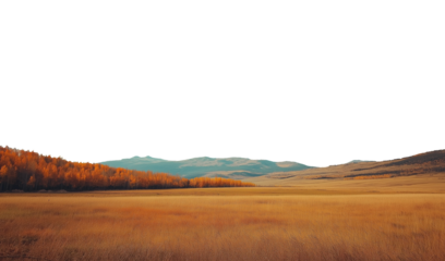 Vast autumn empty landscape with mountain range in the distant horizon. Isolated transparent background PNG. Dry brown grass