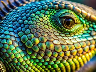 Macro shot of vibrant, intricately patterned lizard scales glisten in sunlight, showcasing iridescent blues and greens on the reptile's textured, rough skin.