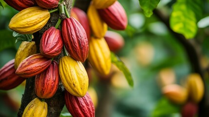 A plant that can thrive in tropical forests with oval-shaped, yellow-red fruit trees is the cacao tree.