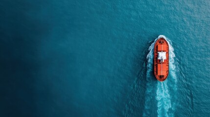 This image shows an aerial view of a large red cargo ship navigating through pristine blue waters, capturing the essence of maritime transport and oceanic journeys.