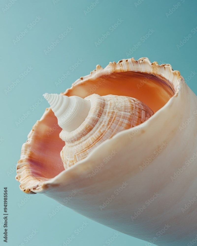 Poster abstract pastel seashell on gradient blue background, soft lighting highlighting delicate textures, 