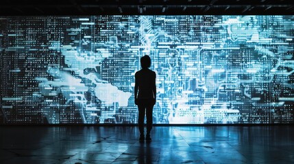Silhouette of a person standing in front of a large screen displaying a digital world map