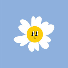 Daisy flower with cartoon funny smiling face, chamomile character. Cute camomile happy emotion. Kids logo design with daisies. Illustration of smile floral flower, bloom camomile