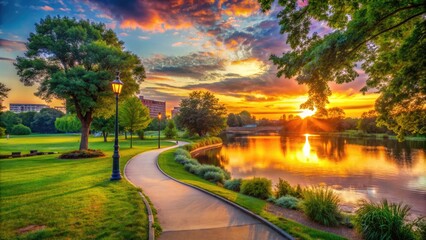 Obraz premium Vibrant sunset casts a warm glow on the serene walking trails, lush greenery, and tranquil lake of a picturesque urban park in Newark, New Jersey.
