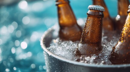 Close-up image of beer bottles in an ice bucket, surrounded by clear ice, and set against a blurred blue bokeh background, evoking a sense of chill and refreshment.