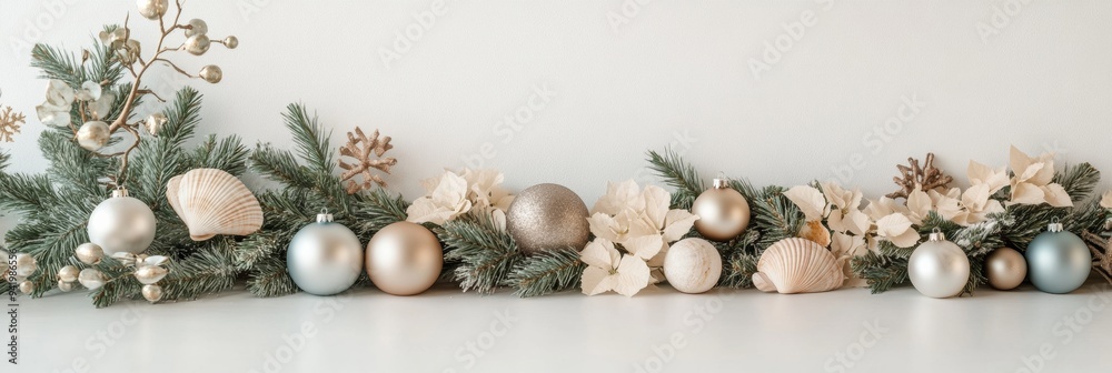Poster minimalist tropical christmas table decor with seashells and ornaments on white background in soft l