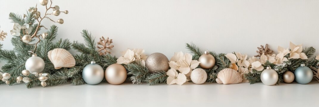 Minimalist Tropical Christmas Table Decor with Seashells and Ornaments on White Background in Soft Light