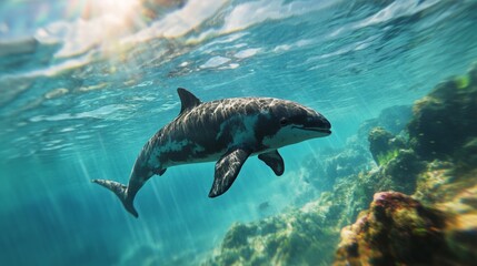 Fototapeta premium Vaquita: Critically Endangered Marine Mammal in Clear Coastal Waters, Rare Porpoise Exploring Rugged Underwater Terrain, Threatened Species Seeking Food