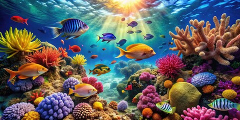 Naklejka premium Vibrant Underwater World: Colorful coral reefs, exotic fish, marine life, playful energy, bright colors, sharp contrast, underwater perspective