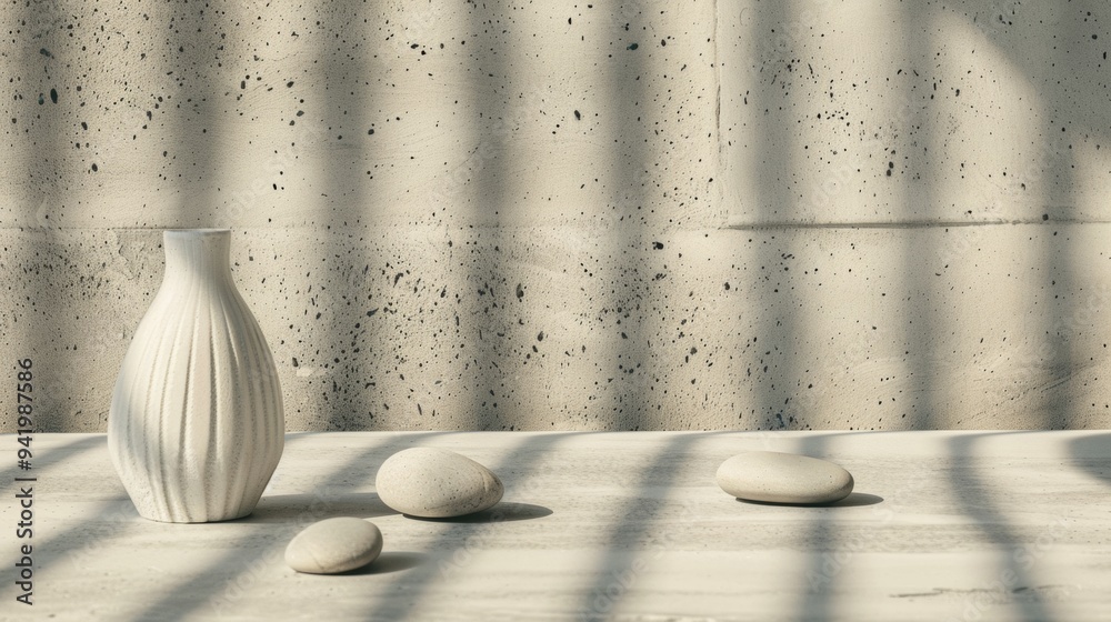 Poster minimalist modern indoor setting with soft gradient concrete surface and aquatic-themed decorations 