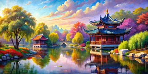 Naklejka premium Vibrant Yingge Serenity - Colorful, Impressionistic, Peaceful, Relaxed, Abstract