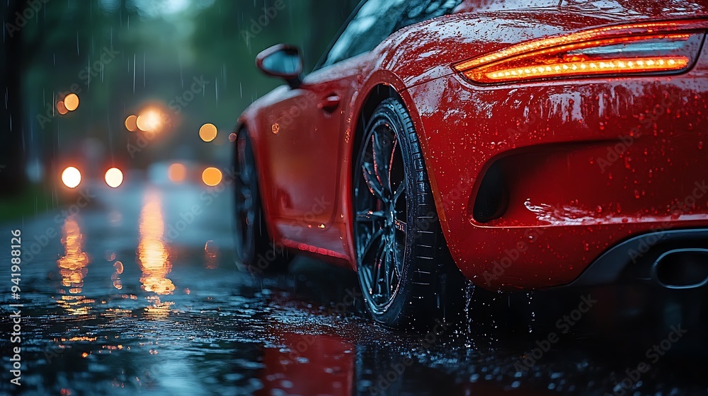 Wall mural A red sports car drives on a wet road in the rain with blurred city lights in the background.