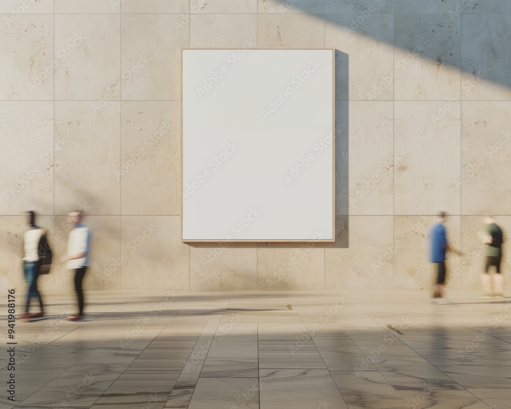 Poster modern minimalist indoor wall with empty frame for mockup content, people passing by creating motion