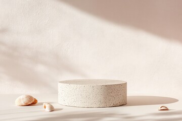 Minimalist Pastel Pink Mockup Textured Sandstone Podium with Seashells in Diffuse Natural Light