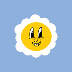 Daisy flower with cartoon funny smiling face, chamomile character. Cute camomile happy emotion. Kids logo design with daisies. Illustration of smile floral flower, bloom camomile