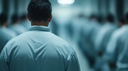 A man in a white uniform stands in line with others who are similarly dressed, in a low-lit hallway, suggesting a controlled and organized setting, reminiscent of institutional environments.