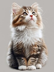 A fluffy kitten with striking eyes sitting gracefully, looking upwards.