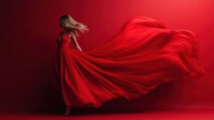 A dramatic portrait of a woman in a flowing, red dress that vividly contrasts with a bright red background, showcasing elegance, movement, and the sheer beauty of fabric.