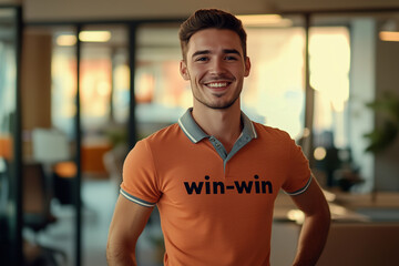win-win sign on an orange polo shirt of a young man standing in an office for a meeting, fit handsome professional with large smile brown hair, happy friendly smiling employee in corporate company