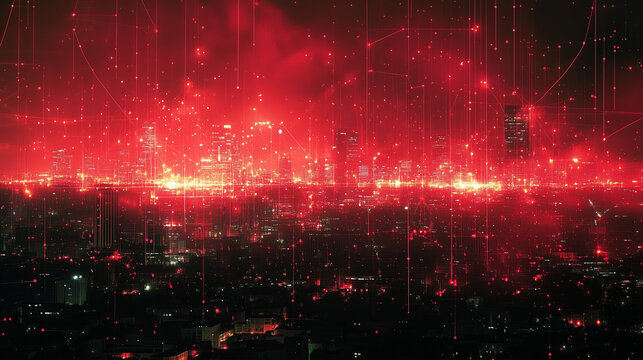 A network diagram with red lines of code showing points of attack.