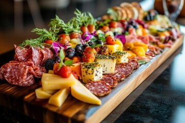 An exquisite charcuterie board artfully arranged with a wide variety of cheeses, cured meats, fresh fruits, herbs, and crackers, offering a perfect blend of textures and flavors for any occasion.