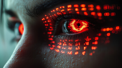 Naklejka premium A hacker’s mask with red eyes glowing, symbolizing a system hack.