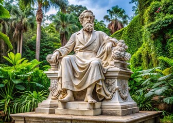 Fototapeta premium Majestic marble monument of a seated statesman with a wise and introspective expression, surrounded by intricate stone carvings and lush greenery in a serene atmosphere.